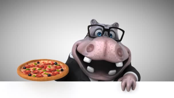 Hippo Cartoon Character Pizza Animation — Stock Video