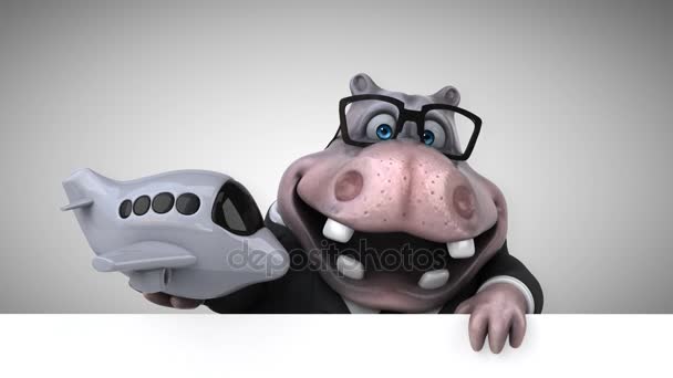 Hippo Leuk Personage Met Vliegtuig Animatie — Stockvideo