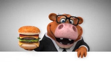 İnek komik çizgi film karakteri ile hamburger - 3d animasyon 