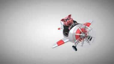 Eğlenceli domuz çizgi film karakteri üzerinde uçak - 3d animasyon 