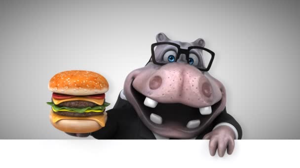 Hipopótamo Divertido Personaje Dibujos Animados Con Hamburguesa Animación — Vídeos de Stock