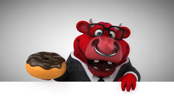 奶牛有趣的卡通人物与甜甜圈 — 图库视频影像