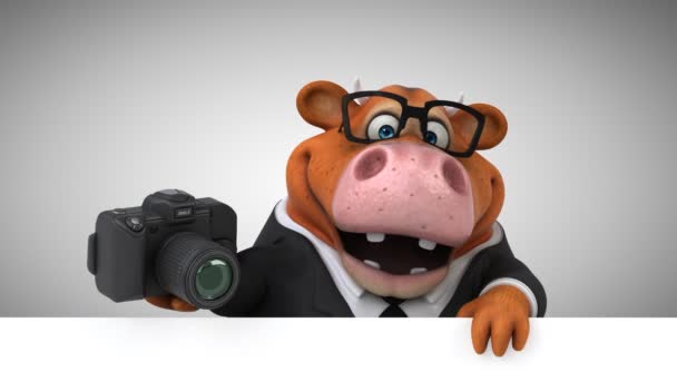 Koe Leuk Personage Met Camera Animatie — Stockvideo