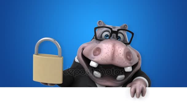 Hippo Cartoon Character Holding Padlock Animation — Stock Video