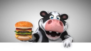 İnek komik çizgi film karakteri ile hamburger - 3d animasyon 