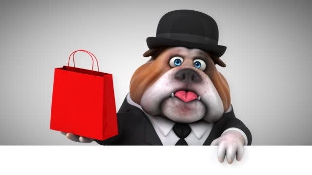 斗牛犬有趣的卡通人物与购物袋 — 图库视频影像