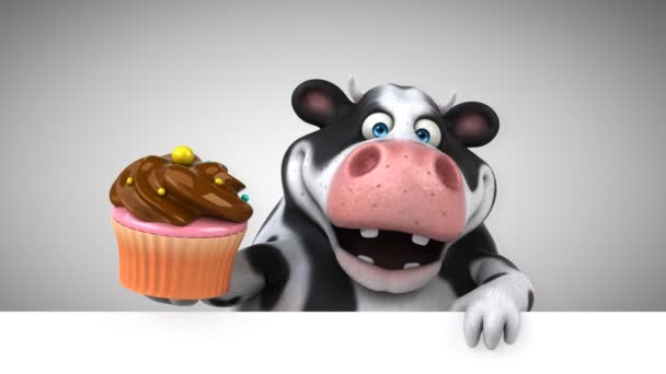 Vaca Divertido Personaje Dibujos Animados Con Cupcake Animación — Vídeo de stock