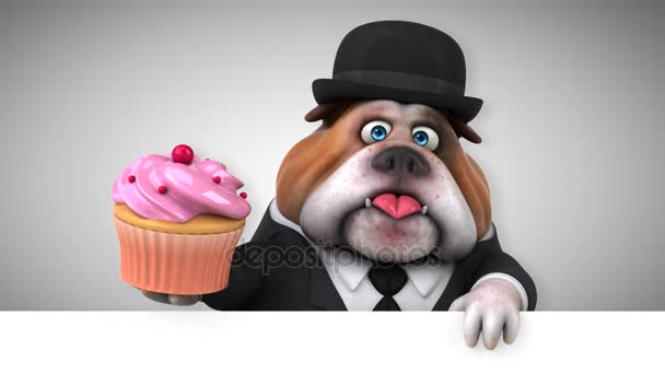 Bulldog Personaje Dibujos Animados Que Sostiene Cupcake Animación — Vídeos de Stock
