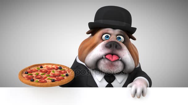 Buldok Kreslená Postava Drží Pizza Animace — Stock video