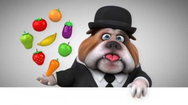 meyve ve sebze - 3d animasyon tutan bulldog çizgi film karakteri 