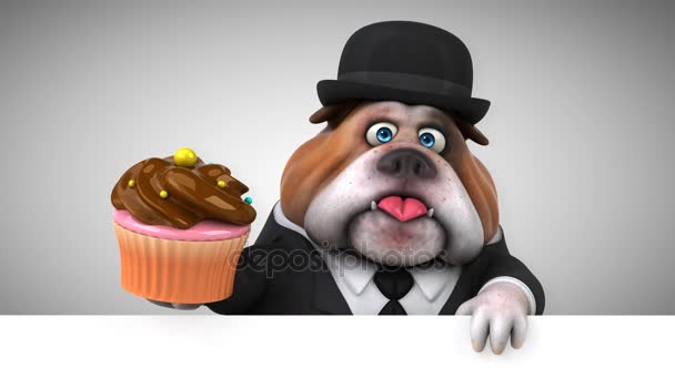 Bulldog Stripfiguur Holding Cupcake Animatie — Stockvideo