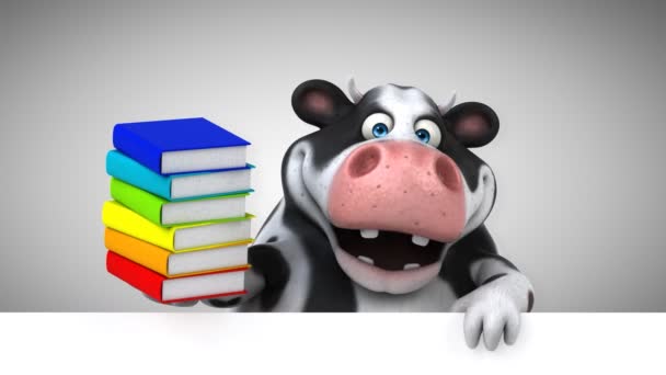 Vaca Fun Personagem Desenho Animado Com Livros Animação — Vídeo de Stock