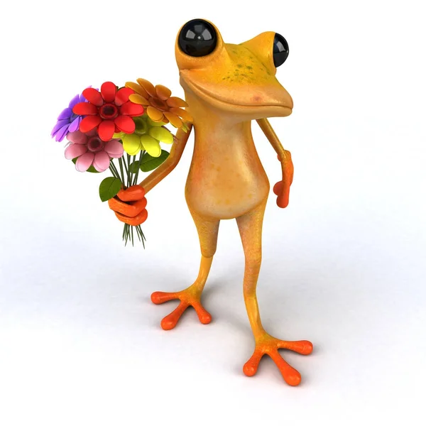Eğlenceli Kurbağa Çizim Çiçek Tutan — Stok fotoğraf