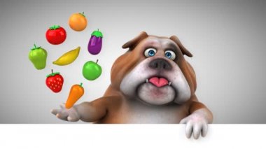 meyve ve sebze - 3d animasyon tutan bulldog çizgi film karakteri 