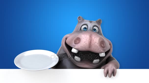 Hippo Leuk Personage Met Plaat Animatie — Stockvideo