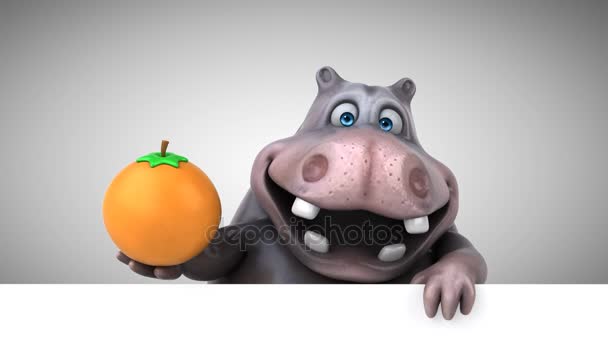 オレンジの アニメーションを保持しているカバの漫画のキャラクター — ストック動画