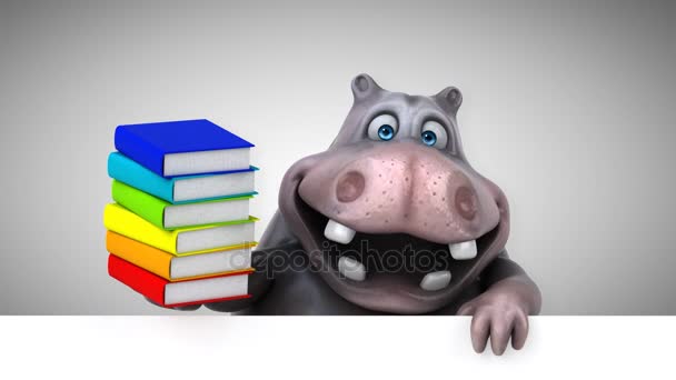 Hippo Grappige Cartoon Karakter Met Boeken Animatie — Stockvideo