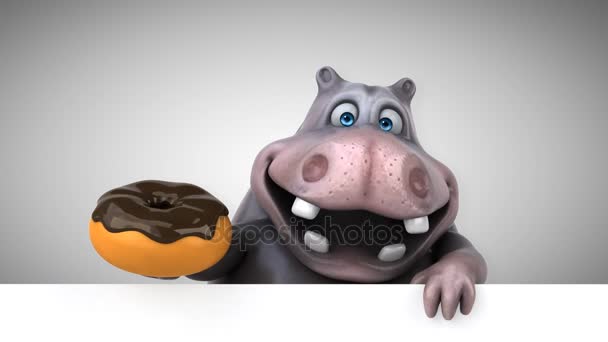 Hippo Stripfiguur Holding Donut Animatie — Stockvideo