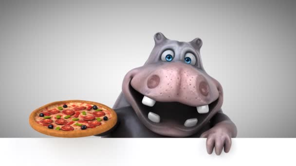 Hippo Stripfiguur Met Pizza Animatie — Stockvideo