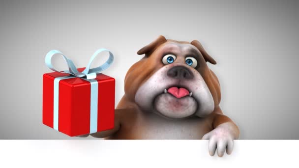 斗牛犬有趣的卡通人物与礼物 — 图库视频影像