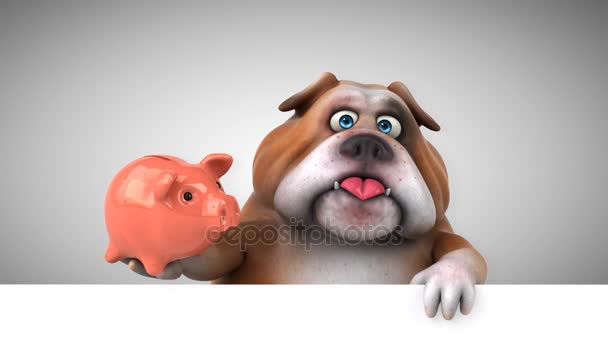 Bulldog Stripfiguur Met Spaarvarken Animatie — Stockvideo
