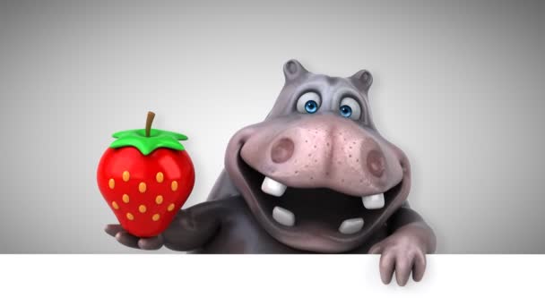 河马有趣的卡通人物与草莓 — 图库视频影像