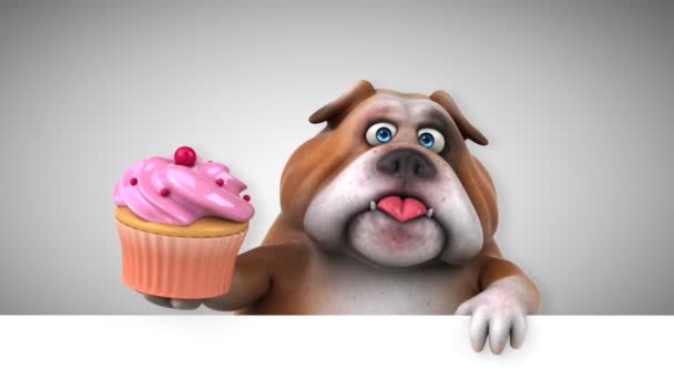 Bulldog Stripfiguur Holding Cupcake Animatie — Stockvideo