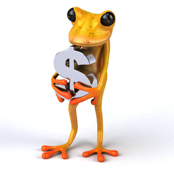 Смешной мультяшный персонаж с долларом - 3D иллюстрация
