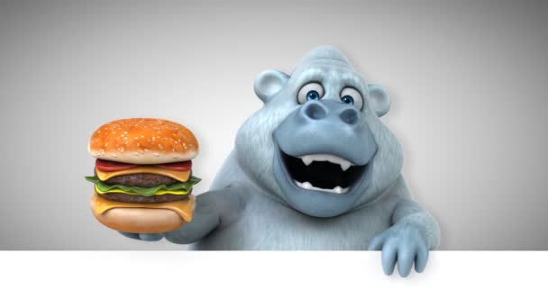 Fun Cartoon Character Holding Hamburger Animation — Stock Video