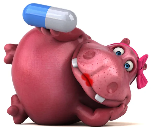Pink Hippo Com Pílula Ilustração — Fotografia de Stock