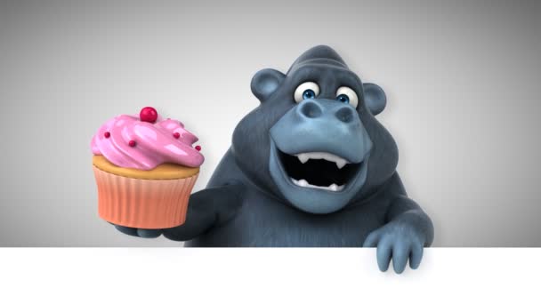 Funny Gorilla Cartoon Character Holding Cupcake Animation — Stock Video