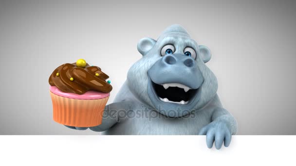 Yeti Divertente Personaggio Dei Cartoni Animati Che Tiene Cupcake Animazione — Video Stock