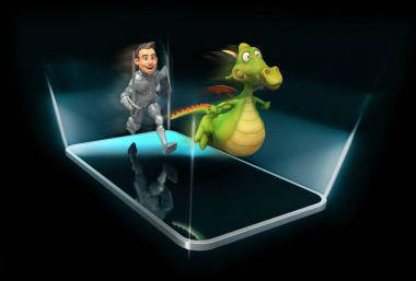 Knight and Dragon on phone  - 3D Illustration clipart