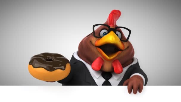 Divertido Personaje Dibujos Animados Sosteniendo Donut Pollo Animación — Vídeos de Stock