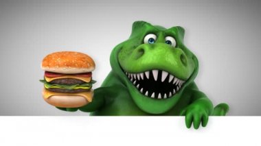 dinozor, komik çizgi film karakteri hamburger - 3d animasyon holding 