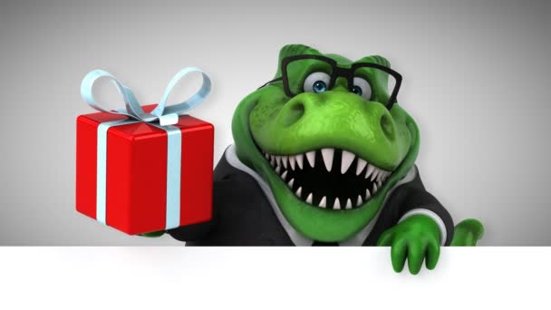 Dinosaur Funny Cartoon Character Holding Present Animation — Stock Video