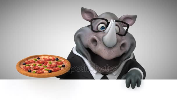 Διασκέδαση Ρινόκερος Κρατώντας Πίτσα Animation — Αρχείο Βίντεο