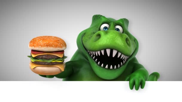 Dinosauro Personaggio Dei Cartoni Animati Divertente Che Tiene Hamburger Animazione — Video Stock