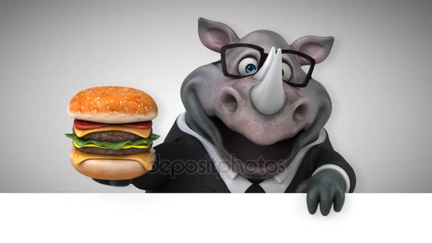 Leuk Neushoorn Holding Hamburger Animatie — Stockvideo