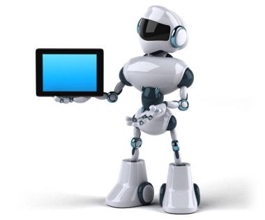 Robot çizgi film karakteri tablet ile