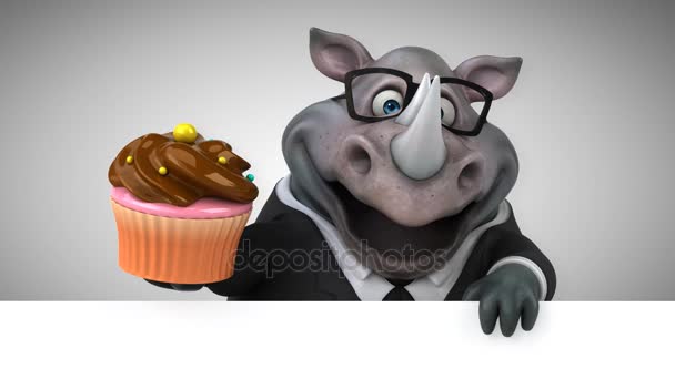 Fun Rhinoceros Holding Cupcake Animation — Stock Video