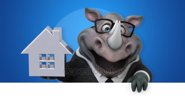 Fun Rhinoceros Holding House Animation — Stock Video