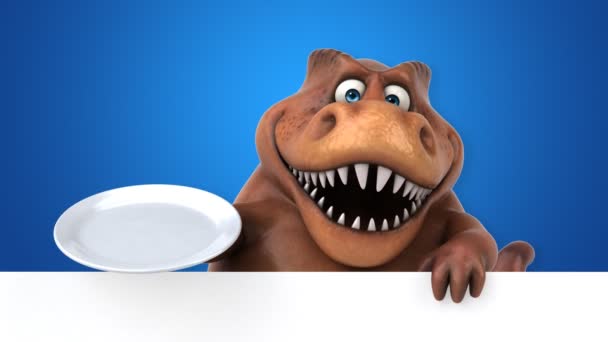 Δεινόσαυρος Αστεία Κινούμενα Σχέδια Χαρακτήρα Κρατώντας Πινακίδα Animation — Αρχείο Βίντεο