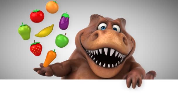 Dinosaur Cartoon Character Holding Fruits Vegetables Animation — Stock Video