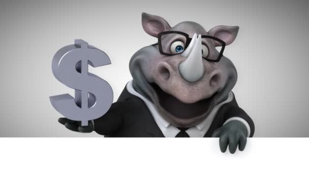 Divertido Rinoceronte Sosteniendo Dólar Animación — Vídeos de Stock