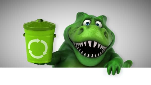 Dinosaur Funny Cartoon Character Holding Bin — Stock Video