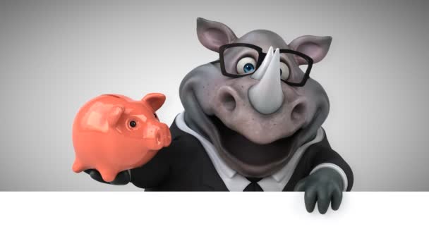 Leuk Neushoorn Holding Piggy Bank Animatie — Stockvideo