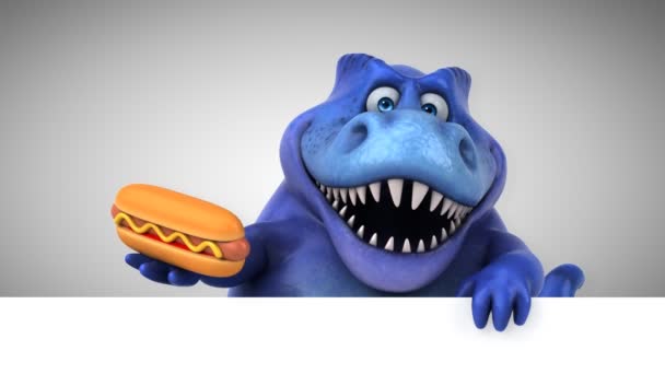 Dinosauro Personaggio Dei Cartoni Animati Divertente Che Tiene Hotdog Animazione — Video Stock