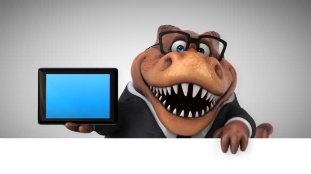 Dinosaur Funny Cartoon Character Holding Tablet Animation — Stock Video