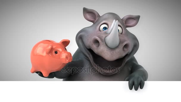 Spaß Nashorn Hält Sparschwein Animation — Stockvideo